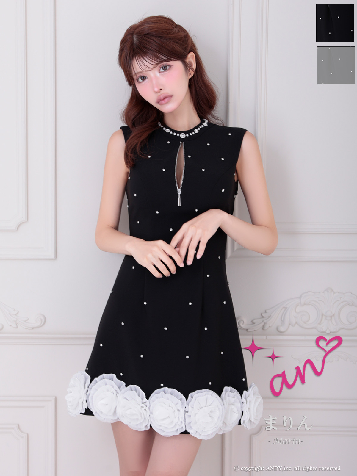 ノースリーブ ジップデザイン ドット柄 ビジュー パール 立体フラワー バックオープン フレアミニドレスのメイン画像1