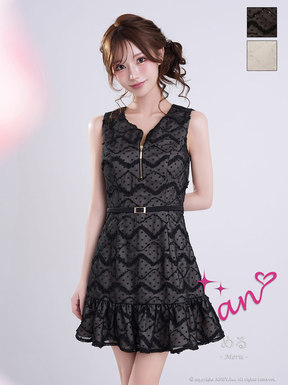 ノースリーブ ジップデザイン チェック柄 ドット柄 ウエストベルト 裾フリル フレアミニドレスのメイン画像1