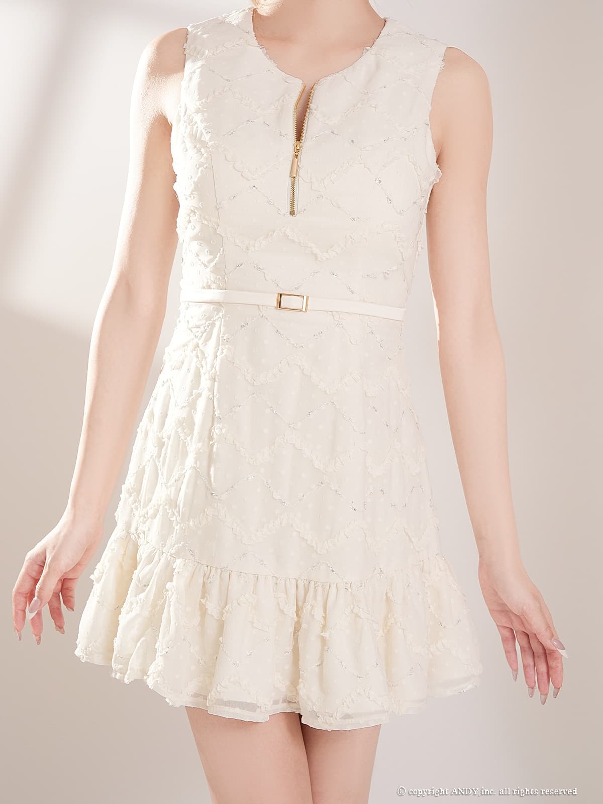 ノースリーブ ジップデザイン チェック柄 ドット柄 ウエストベルト 裾フリル フレアミニドレスの詳細画像1