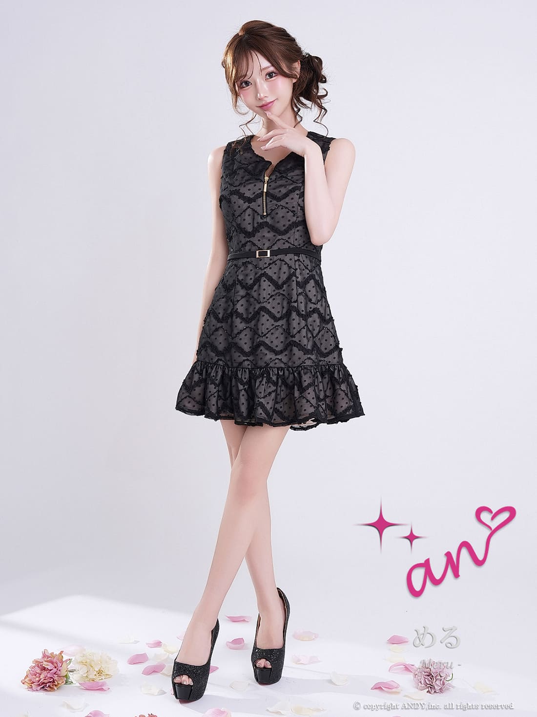 ノースリーブ ジップデザイン チェック柄 ドット柄 ウエストベルト 裾フリル フレアミニドレスの詳細画像2