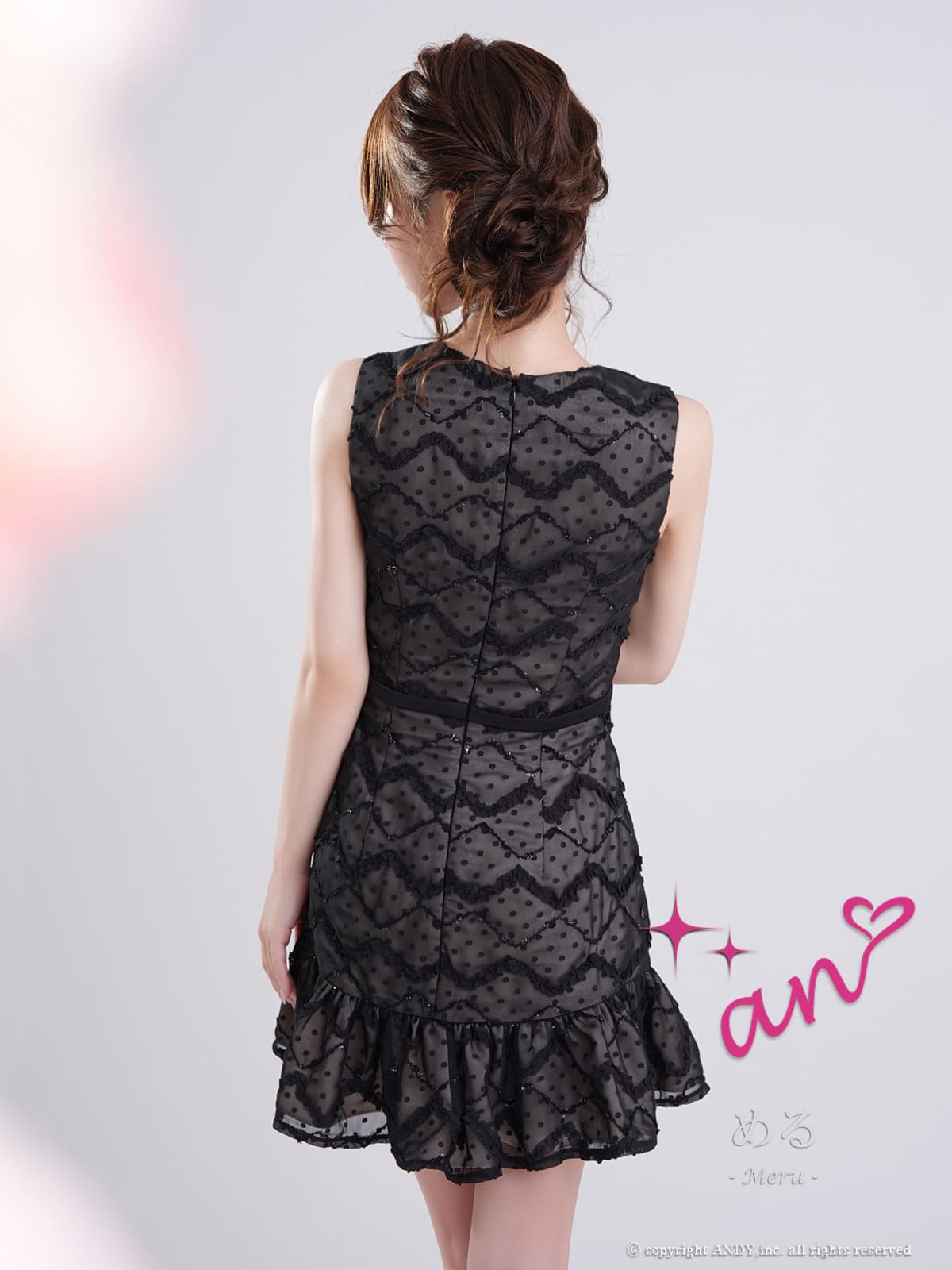 ノースリーブ ジップデザイン チェック柄 ドット柄 ウエストベルト 裾フリル フレアミニドレスの詳細画像2