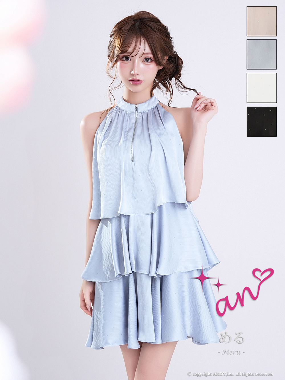 ホルターネック ジップデザイン ドット柄 リボン ティアード フリル フレアミニドレスのメイン画像1