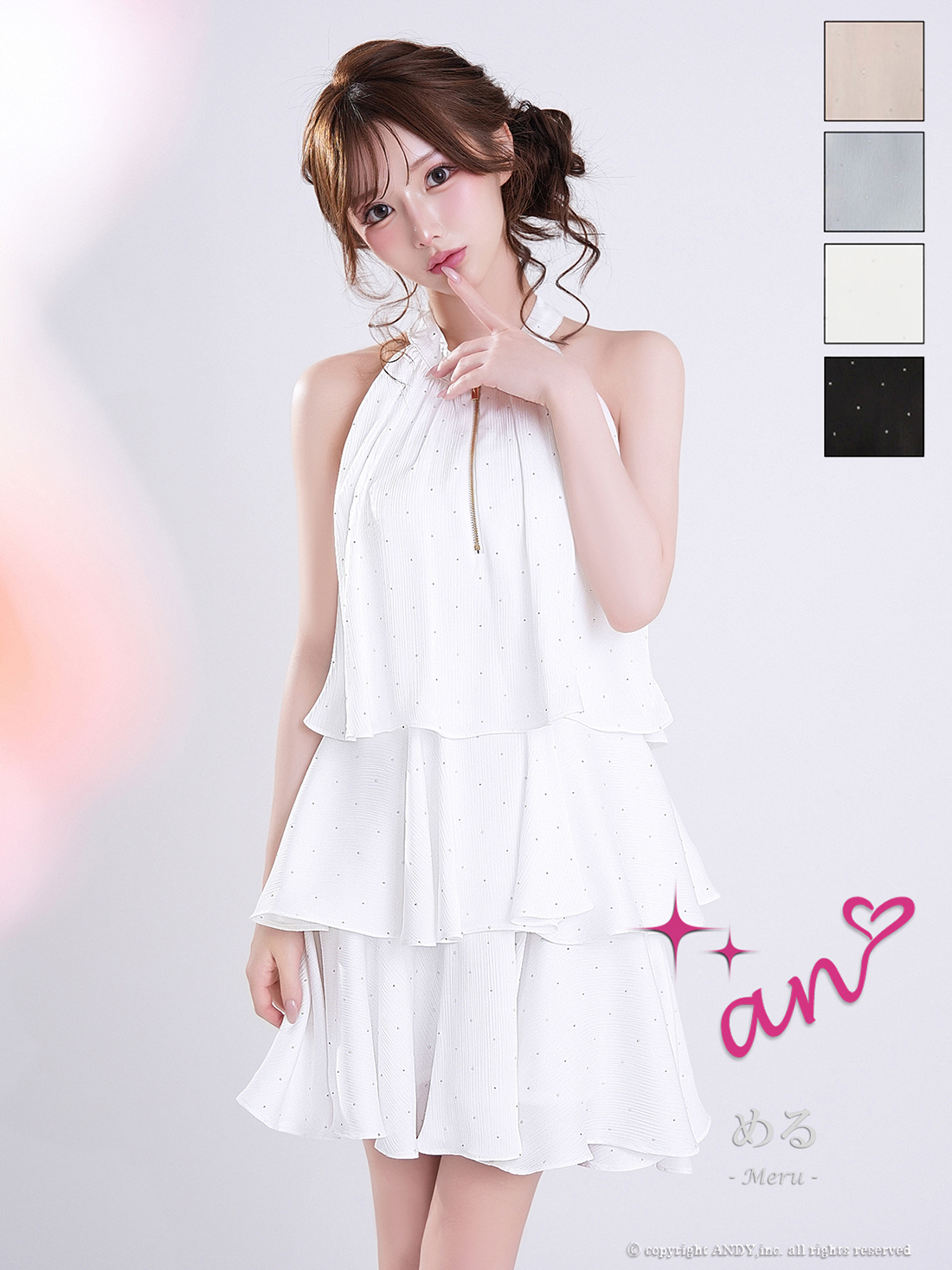 ホルターネック ジップデザイン ドット柄 リボン ティアード フリル フレアミニドレスのメイン画像1