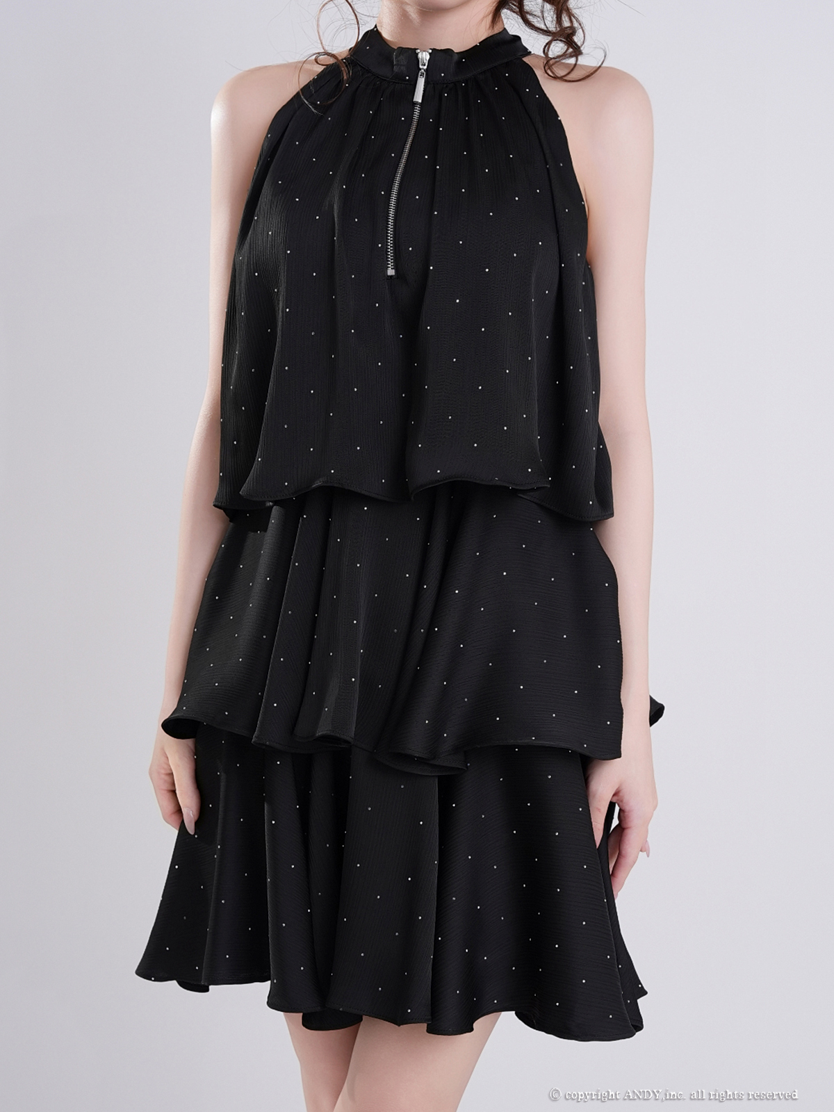 ホルターネック ジップデザイン ドット柄 リボン ティアード フリル フレアミニドレスの詳細画像1