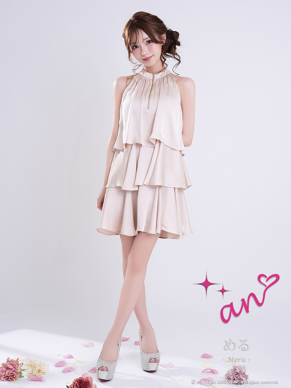 ホルターネック ジップデザイン ドット柄 リボン ティアード フリル フレアミニドレスの詳細画像2