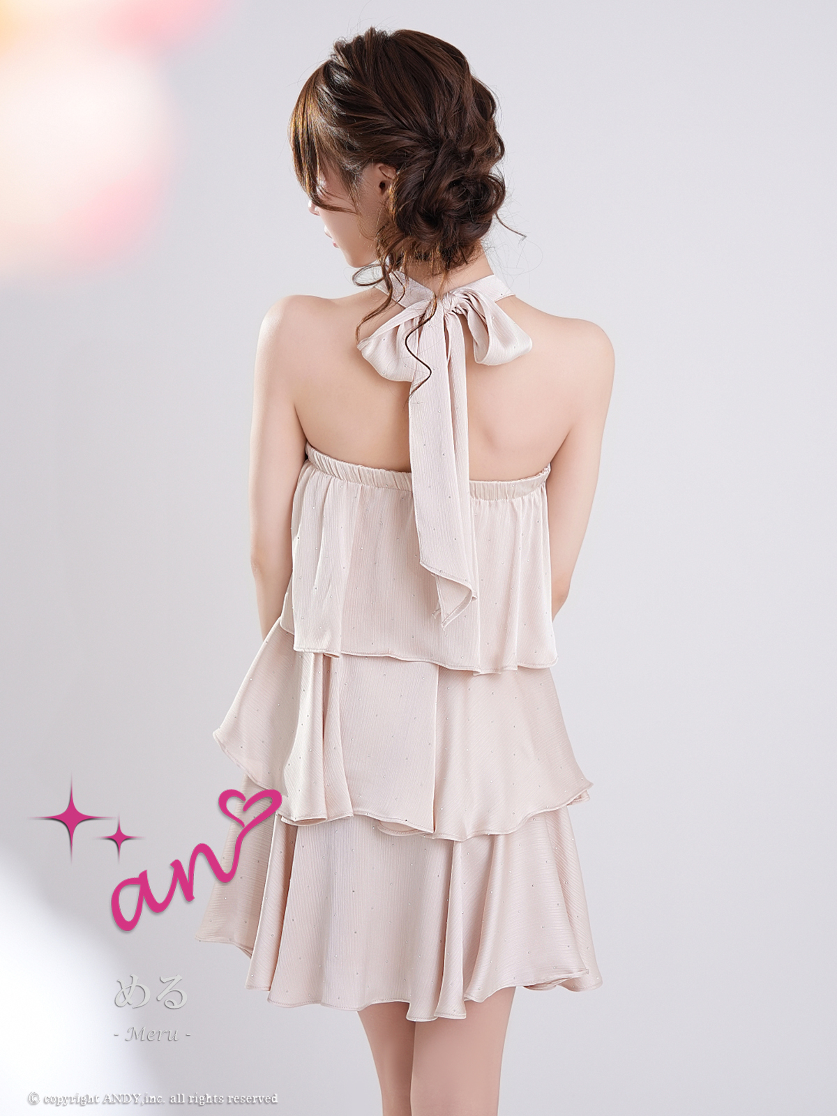 ホルターネック ジップデザイン ドット柄 リボン ティアード フリル フレアミニドレスの詳細画像2