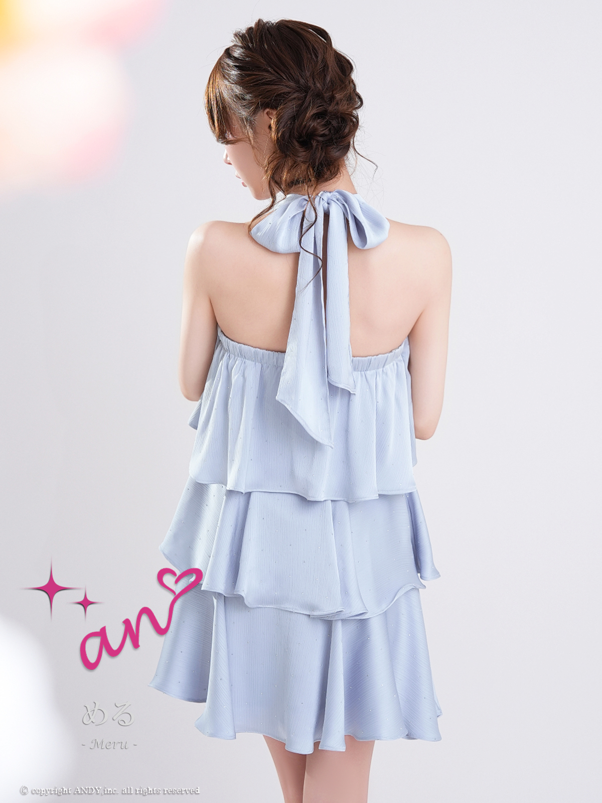 ホルターネック ジップデザイン ドット柄 リボン ティアード フリル フレアミニドレスの詳細画像2