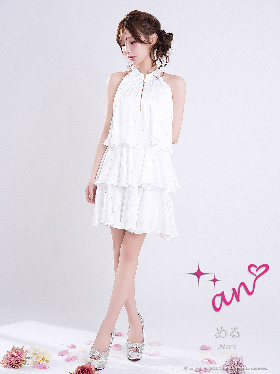 ホルターネック ジップデザイン ドット柄 リボン ティアード フリル フレアミニドレスの詳細画像2