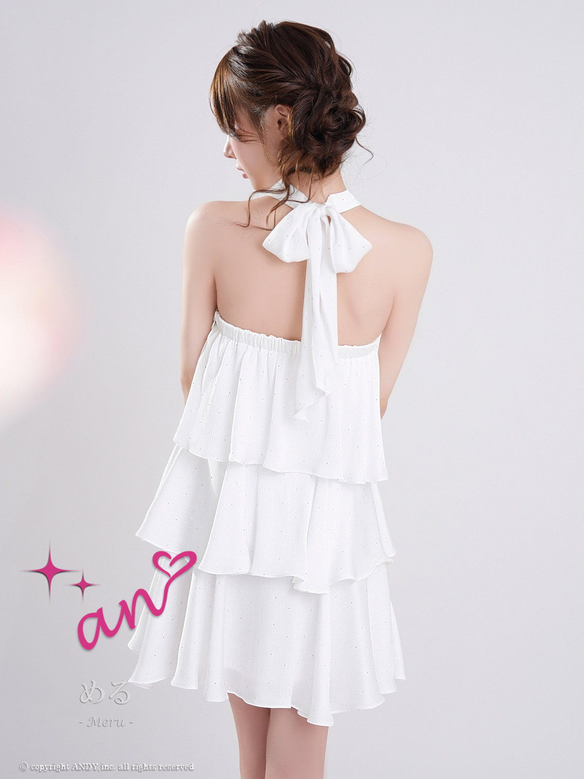 ホルターネック ジップデザイン ドット柄 リボン ティアード フリル フレアミニドレスの詳細画像2