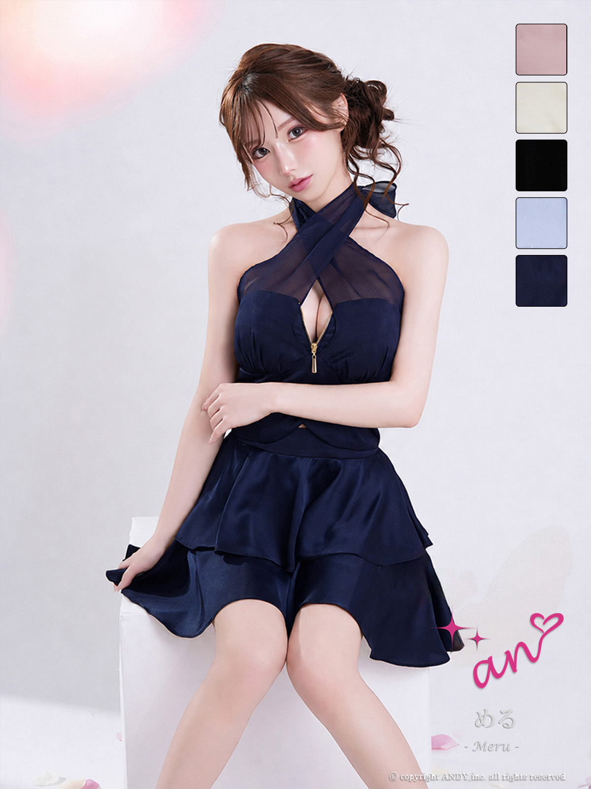 ノースリーブ ジップデザイン 襟付き プリーツ レイヤード ラメ フレアミニドレスのメイン画像1