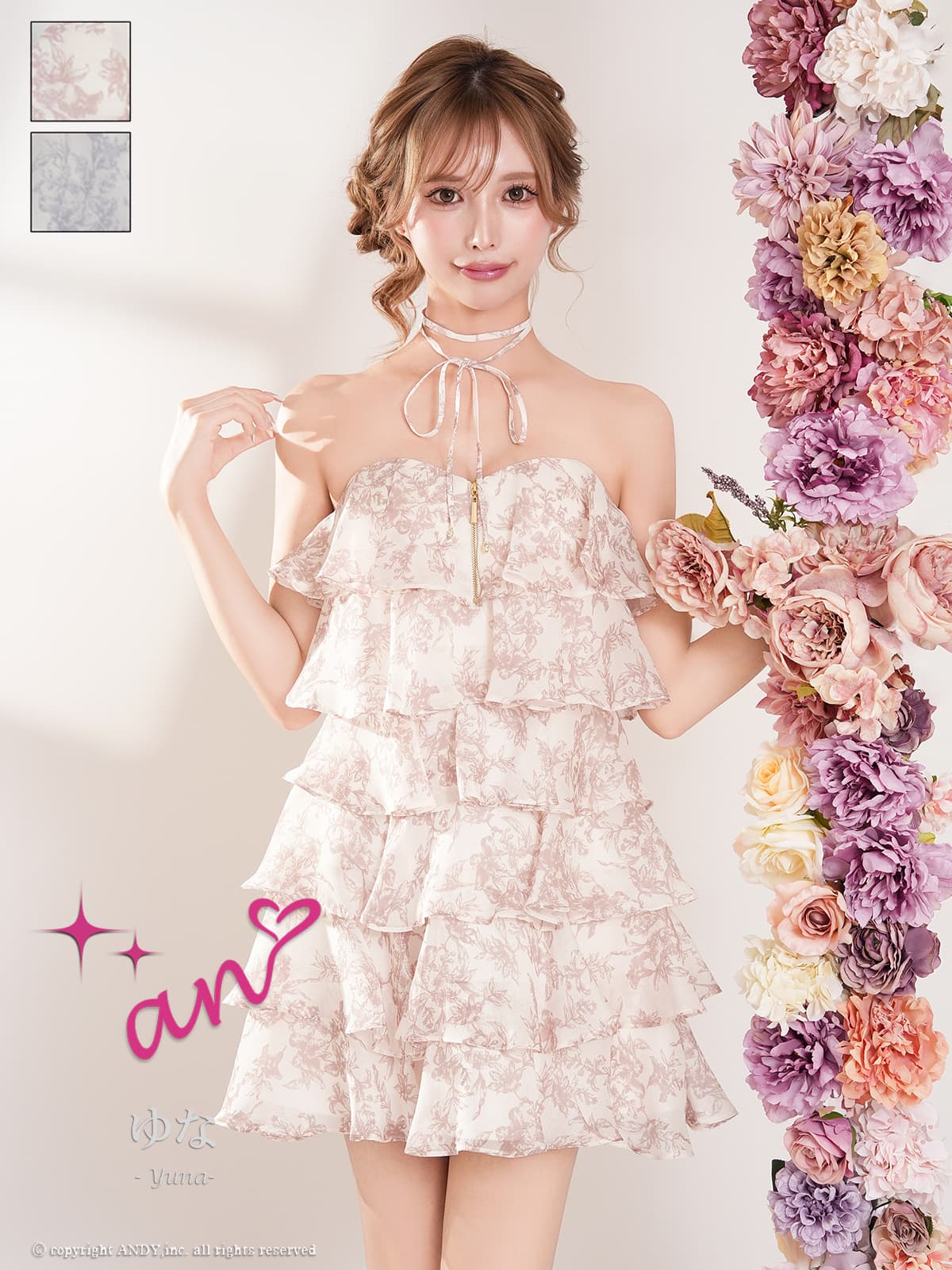 リボン チョーカー付き ベアトップ ジップデザイン 花柄 ティアード フリル フレアミニドレスのメイン画像1