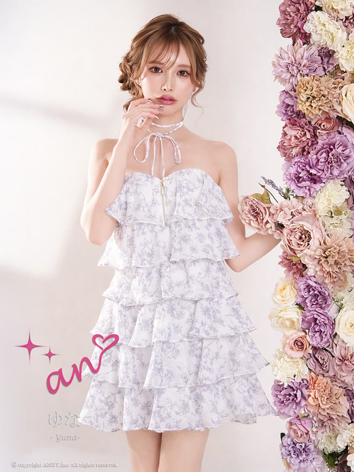 リボン チョーカー付き ベアトップ ジップデザイン 花柄 ティアード フリル フレアミニドレスのメイン画像1