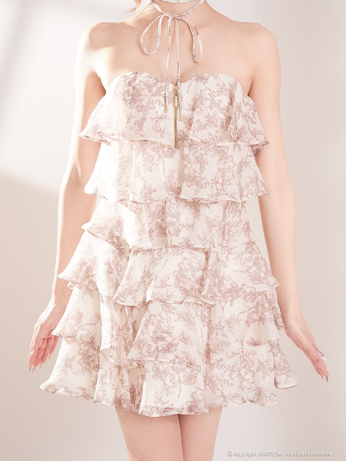 リボン チョーカー付き ベアトップ ジップデザイン 花柄 ティアード フリル フレアミニドレスの詳細画像1