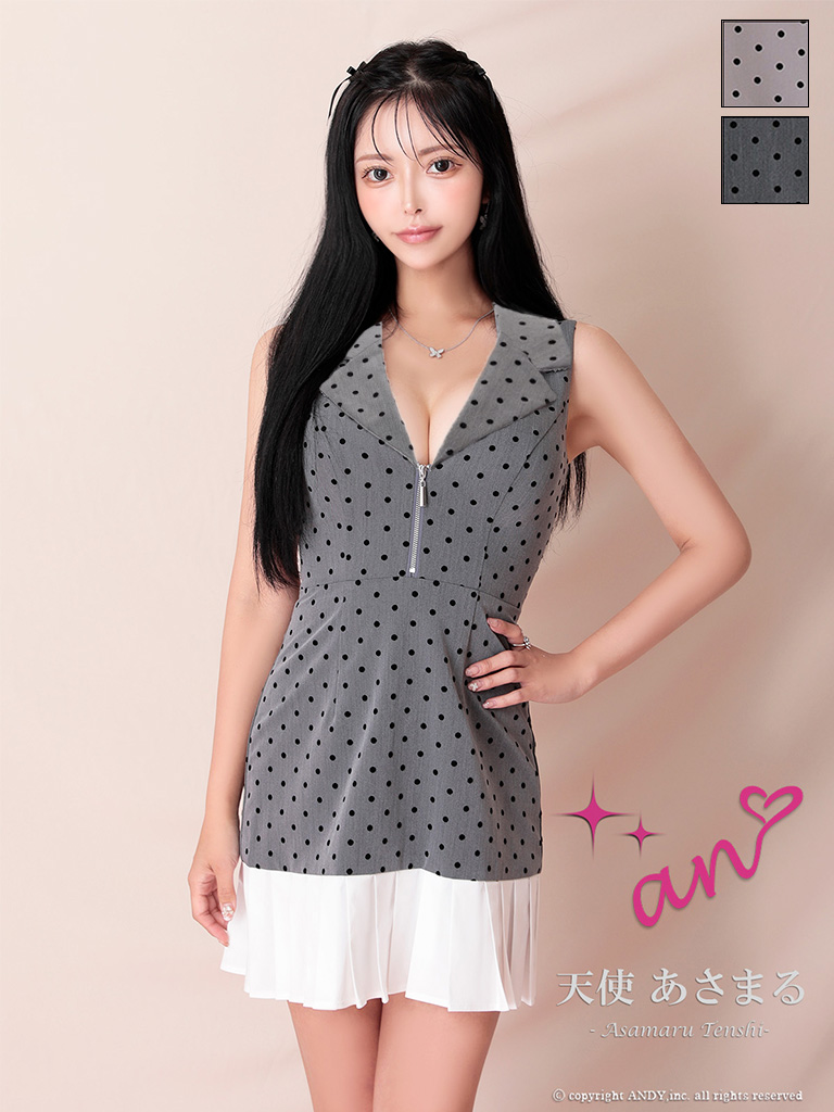 ノースリーブ ジップデザイン ドット柄 プリーツ 襟付き Vネック フレアミニドレスのメイン画像1