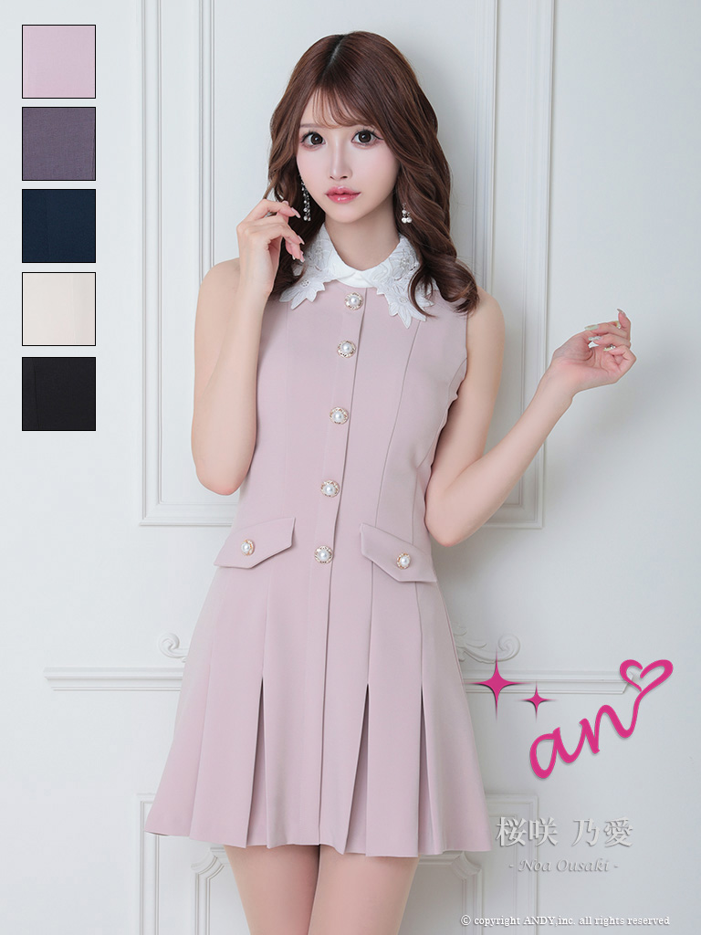 ノースリーブ レース 襟付き パール ボタン ポケット プリーツ フレアミニドレスのメイン画像1