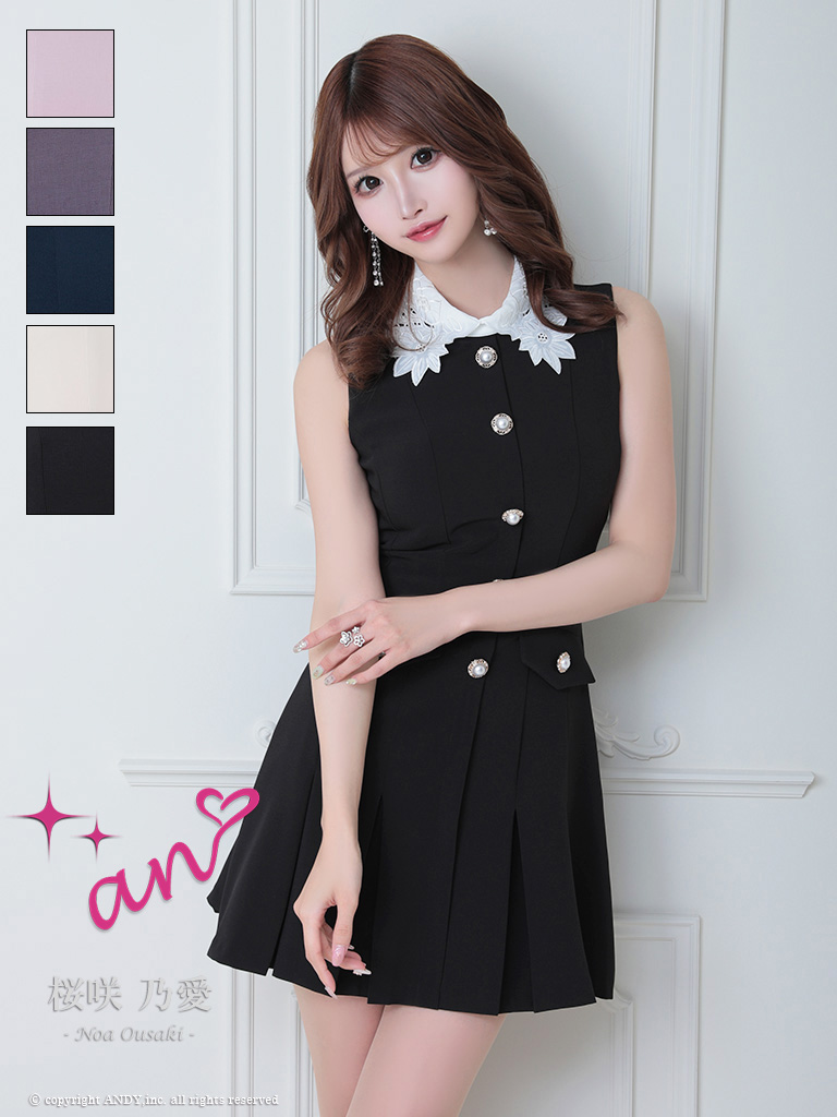 ノースリーブ レース 襟付き パール ボタン ポケット プリーツ フレアミニドレスのメイン画像1