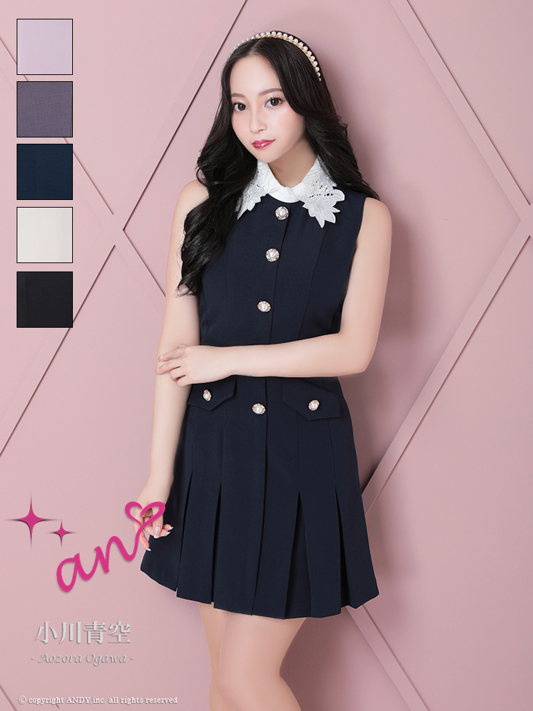 ノースリーブ レース 襟付き パール ボタン ポケット プリーツ フレアミニドレスのメイン画像1