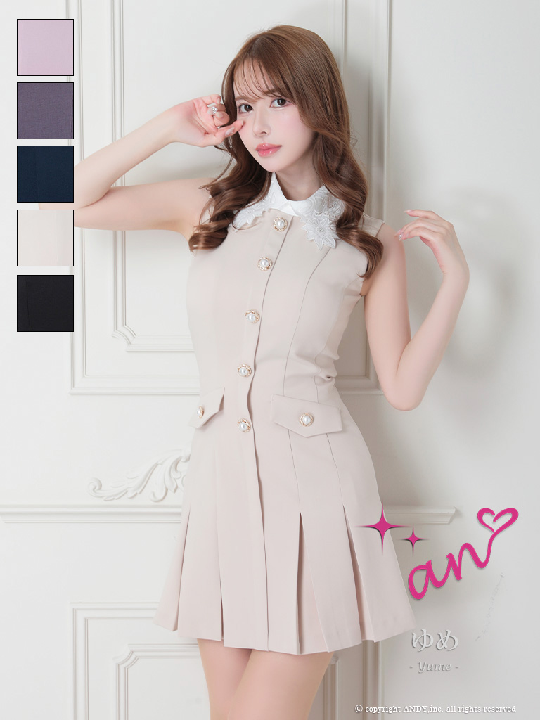 ノースリーブ レース 襟付き パール ボタン ポケット プリーツ フレアミニドレスのメイン画像1