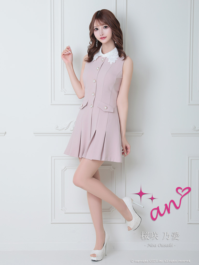 ノースリーブ レース 襟付き パール ボタン ポケット プリーツ フレアミニドレスの全身フロント画像1