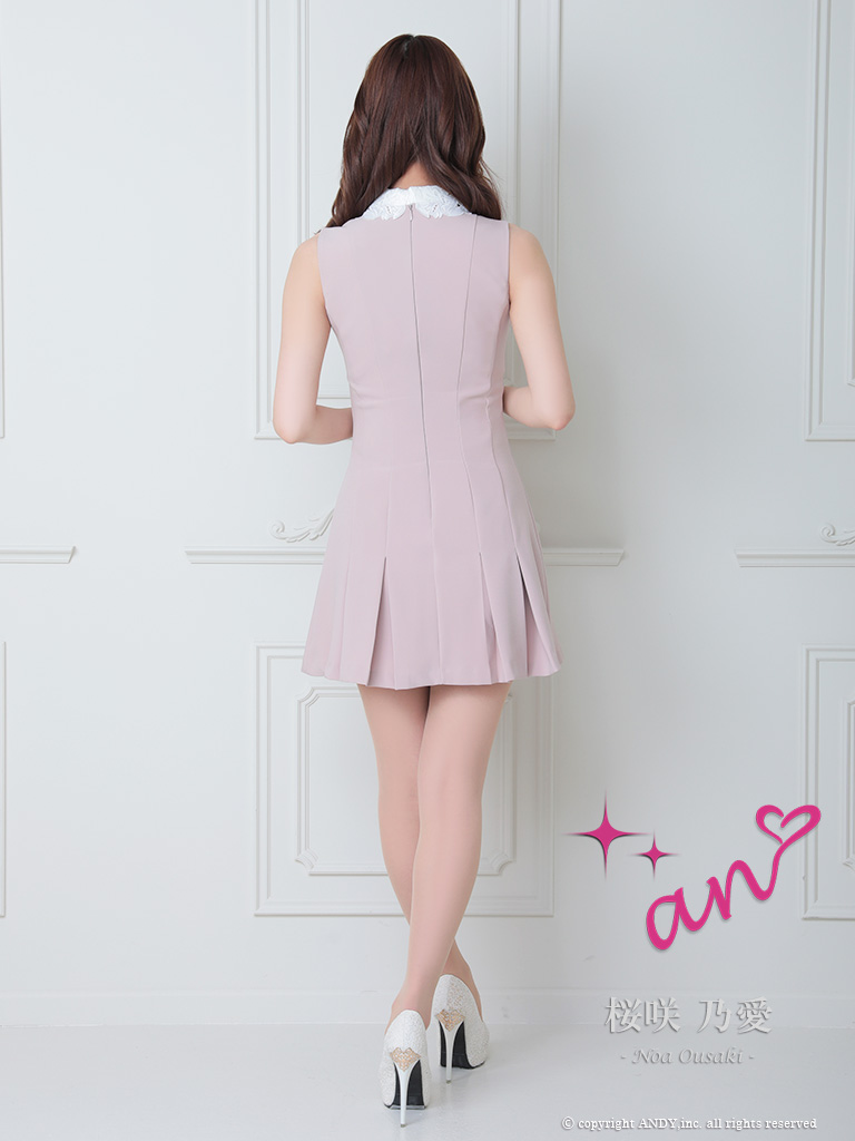 ノースリーブ レース 襟付き パール ボタン ポケット プリーツ フレアミニドレスの全身バック画像1