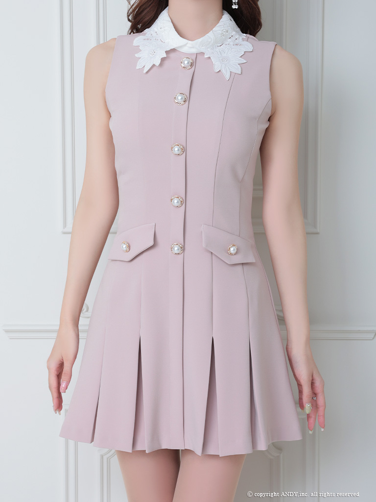 ノースリーブ レース 襟付き パール ボタン ポケット プリーツ フレアミニドレスの詳細画像1