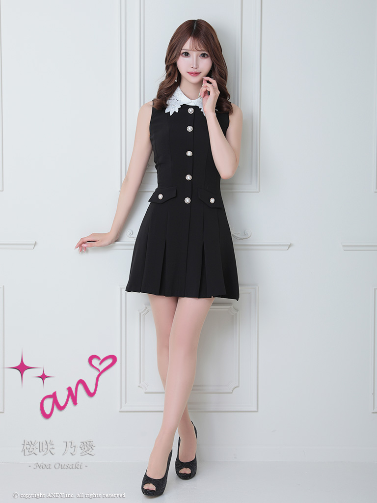 ノースリーブ レース 襟付き パール ボタン ポケット プリーツ フレアミニドレスの詳細画像2