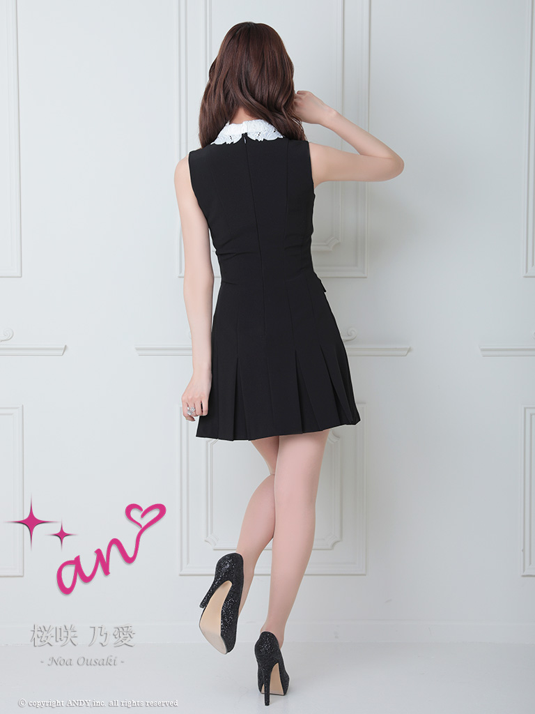 ノースリーブ レース 襟付き パール ボタン ポケット プリーツ フレアミニドレスの詳細画像2