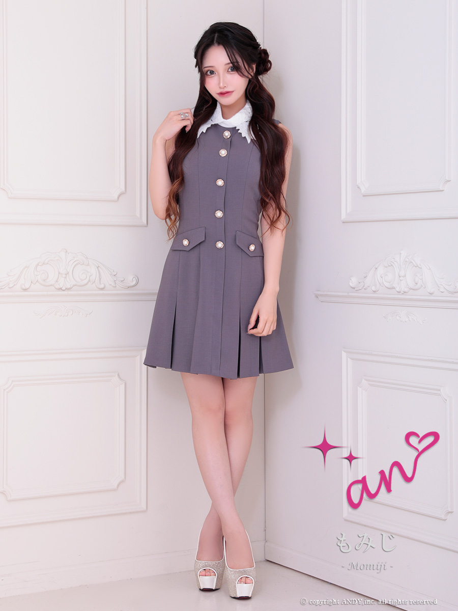 ノースリーブ レース 襟付き パール ボタン ポケット プリーツ フレアミニドレスの詳細画像2