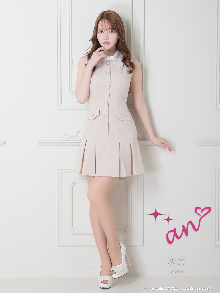 ノースリーブ レース 襟付き パール ボタン ポケット プリーツ フレアミニドレスの詳細画像2