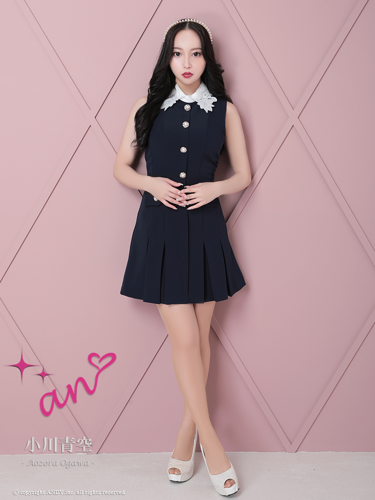 ノースリーブ レース 襟付き パール ボタン ポケット プリーツ フレアミニドレスの詳細画像2