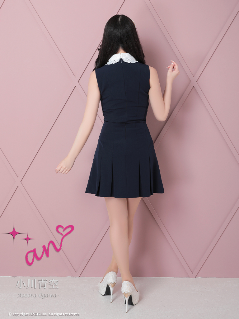 ノースリーブ レース 襟付き パール ボタン ポケット プリーツ フレアミニドレスの詳細画像2