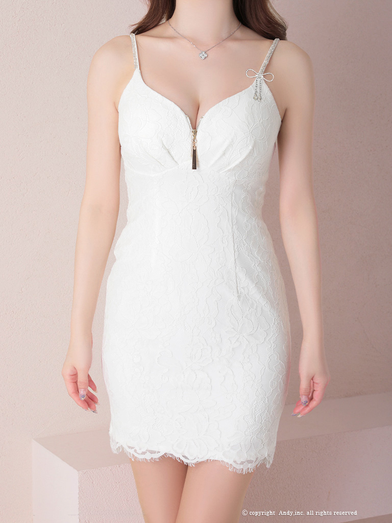 キャミソール ジップデザイン リボンブローチ 花柄 総レース ビジュー タイトミニドレスの全身バック画像1