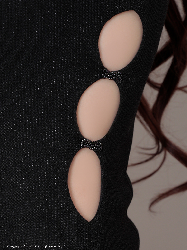 ホルターネック ストレッチ バストカット ラメ ビーズ ワンカラー サイドカットデザイン リボンブローチ タイトミニドレスの詳細画像2