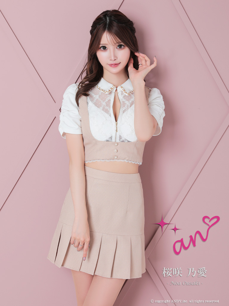 半袖 セットアップ ジップデザイン チェック柄 ドット柄 襟付き パール チェーン シアー レース プリーツ フレアミニドレスのメイン画像1