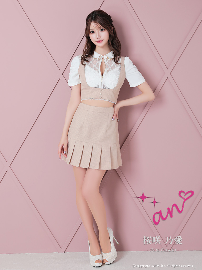 半袖 セットアップ ジップデザイン チェック柄 ドット柄 襟付き パール チェーン シアー レース プリーツ フレアミニドレスの全身フロント画像1