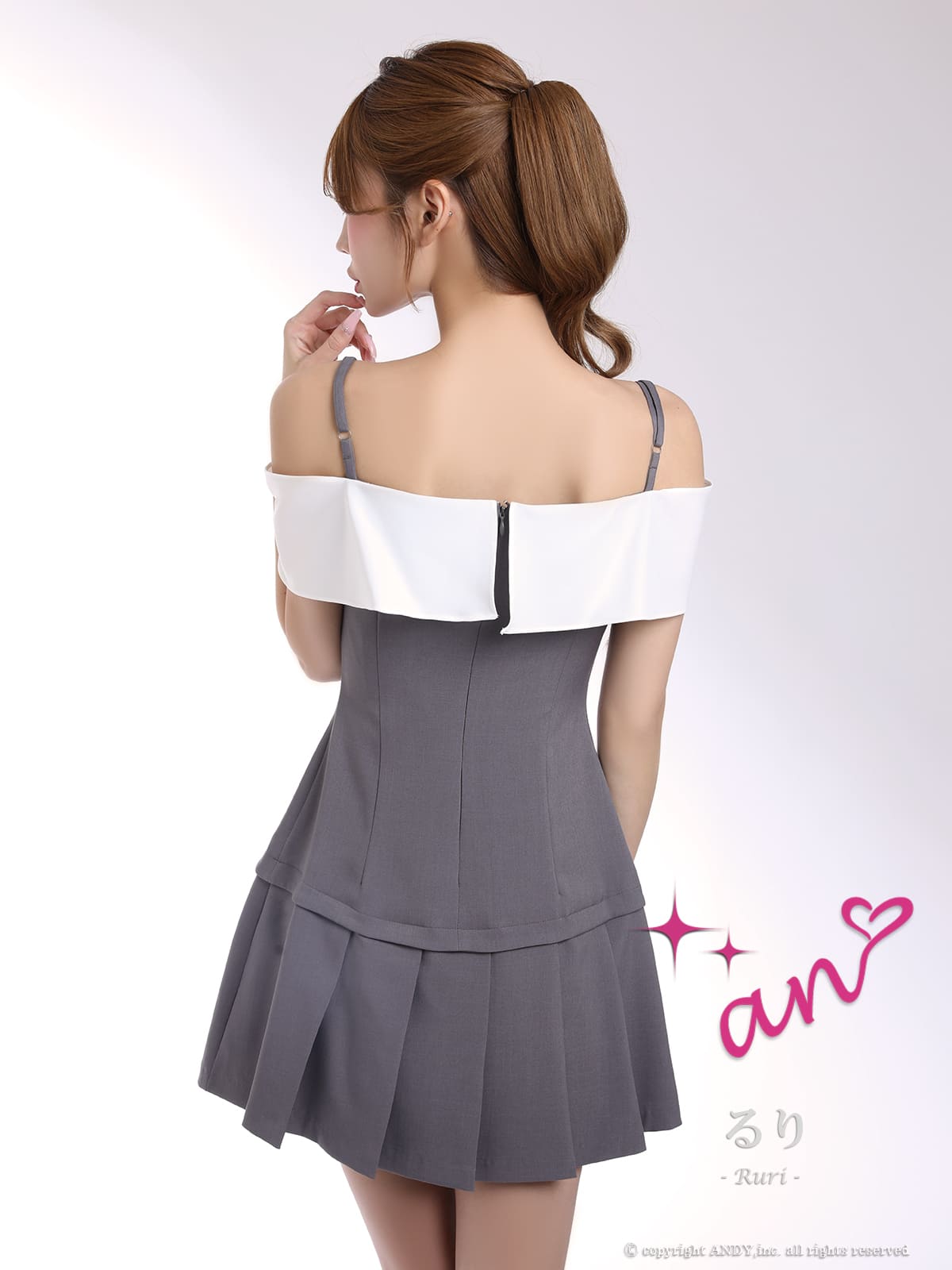 肩あき リボン ビジュー ボタン プリーツ バイカラー フレアミニドレの詳細画像2