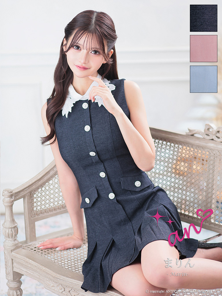 ノースリーブ 襟付き フラワーレース パールボタン プリーツ フレアミニドレスのメイン画像3