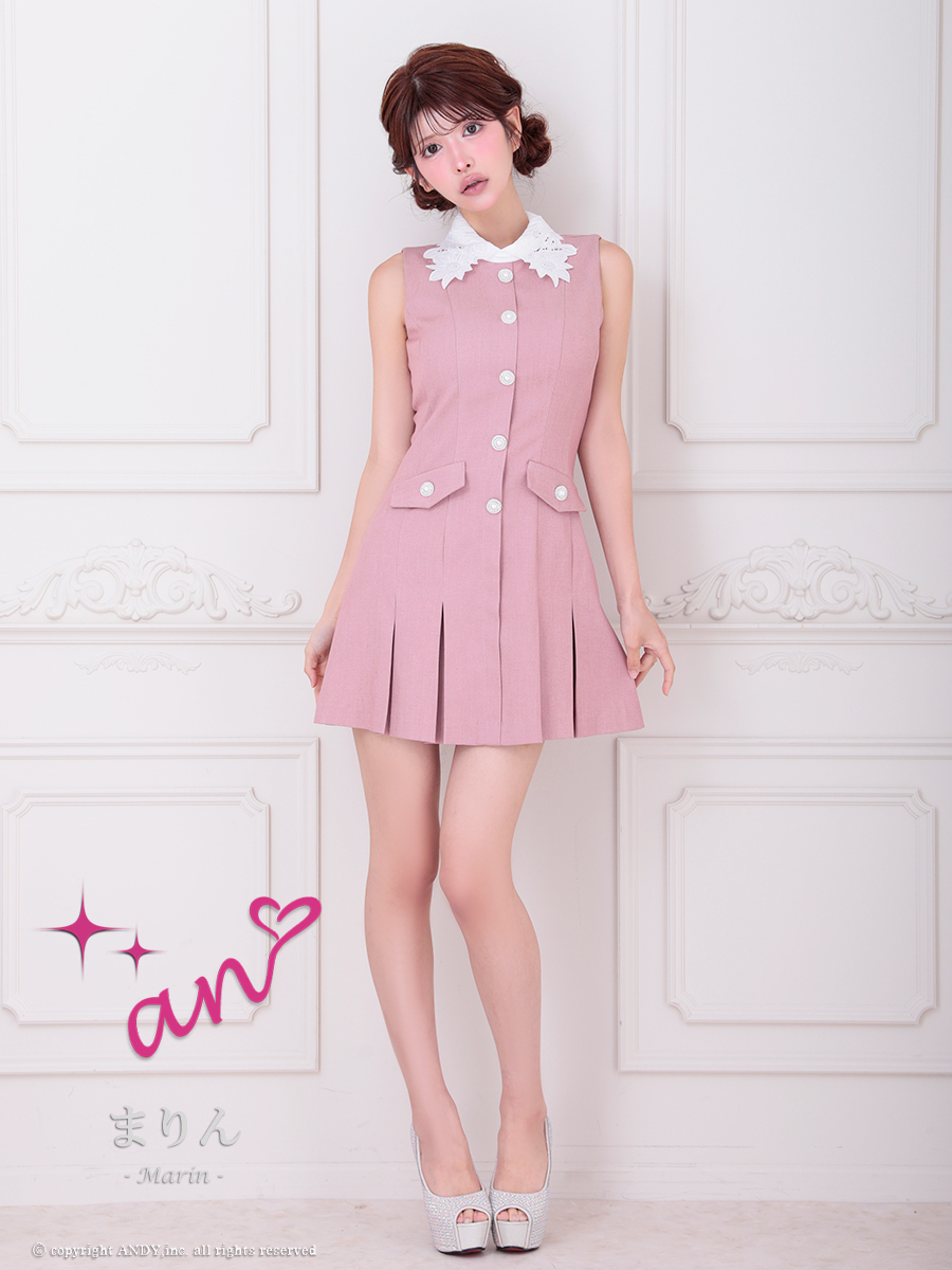 ノースリーブ 襟付き フラワーレース パールボタン プリーツ フレアミニドレスの詳細画像3
