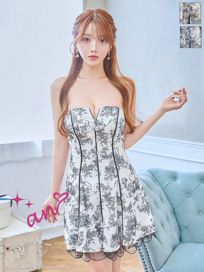 トワルドジュイ柄 ジップデザイン ベアトップ フリル フレアミニドレスのメイン画像2