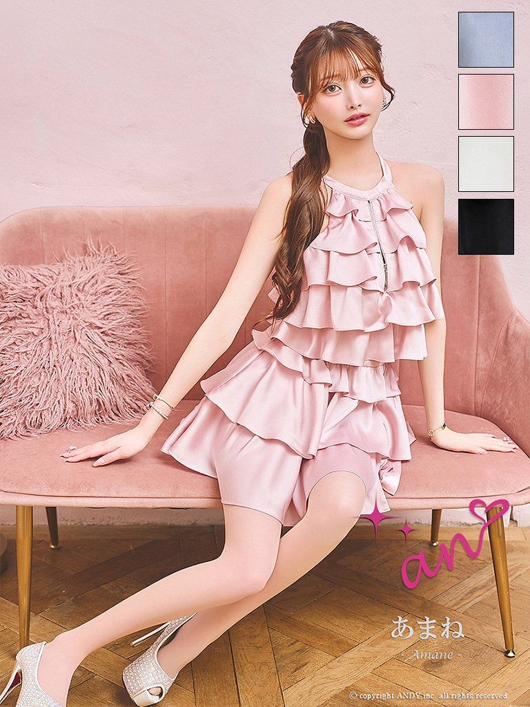 アメリカンスリーブ ジップデザイン フリル ティアード バックシャン リボン フレアミニドレスのメイン画像1