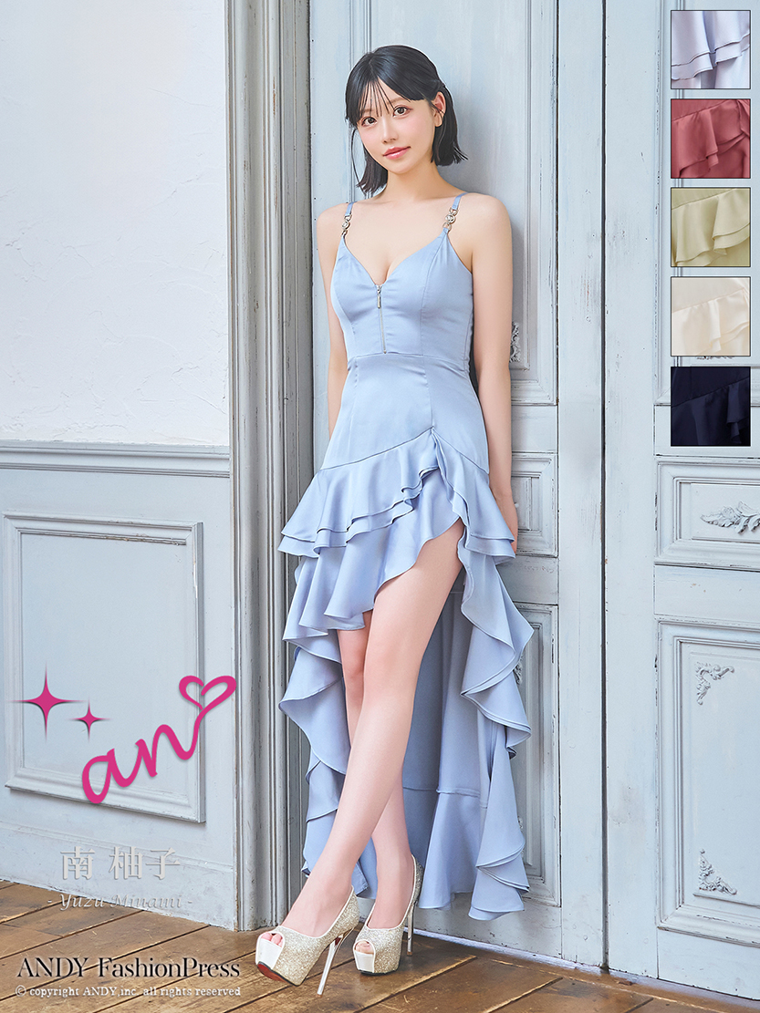 キャミソール ジップデザイン アシンメトリー ティアード フリル フレア シフォン サテン ロングテールドレスのメイン画像1