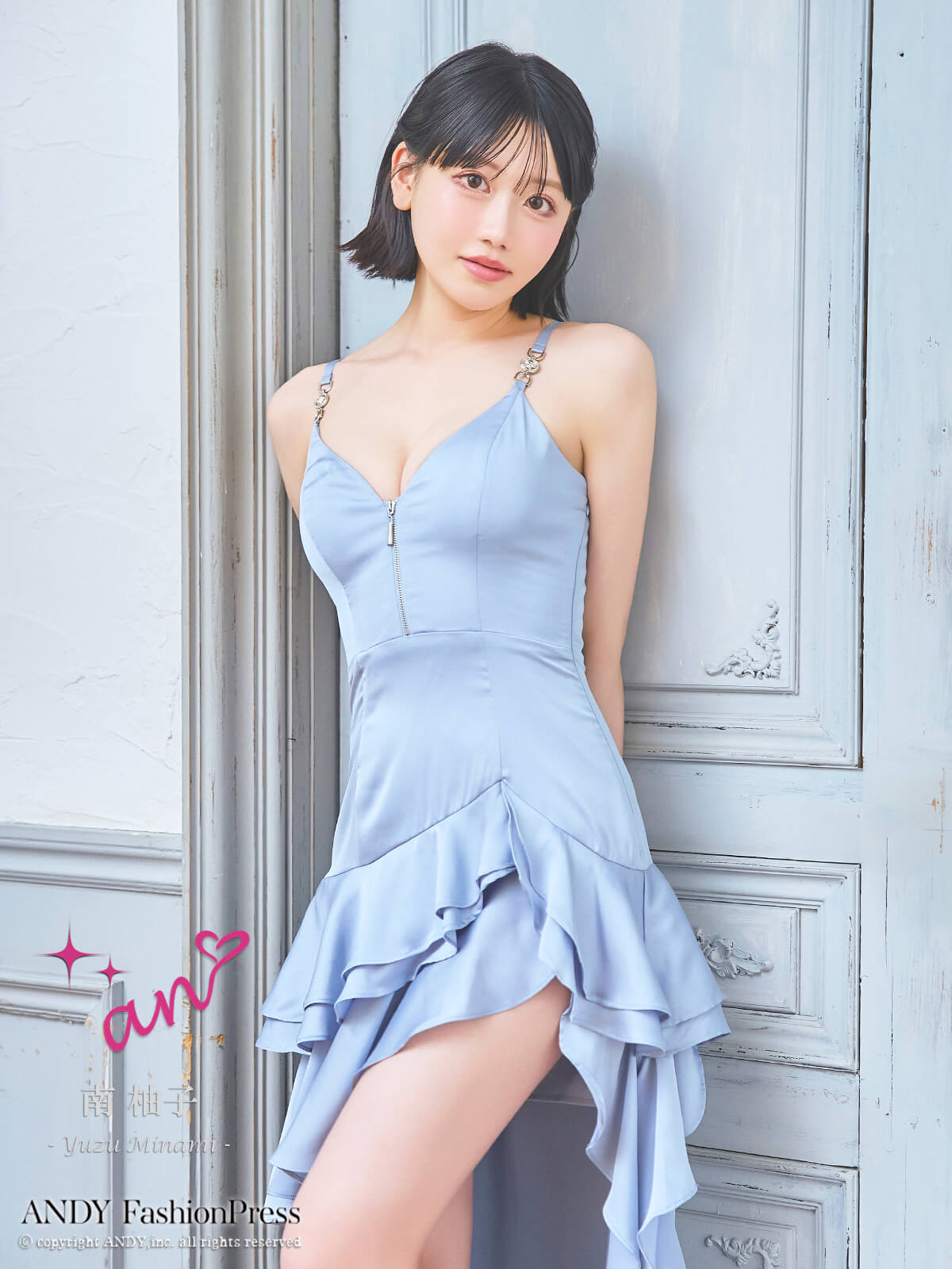 キャミソール ジップデザイン アシンメトリー ティアード フリル フレア シフォン サテン ロングテールドレスの詳細画像2