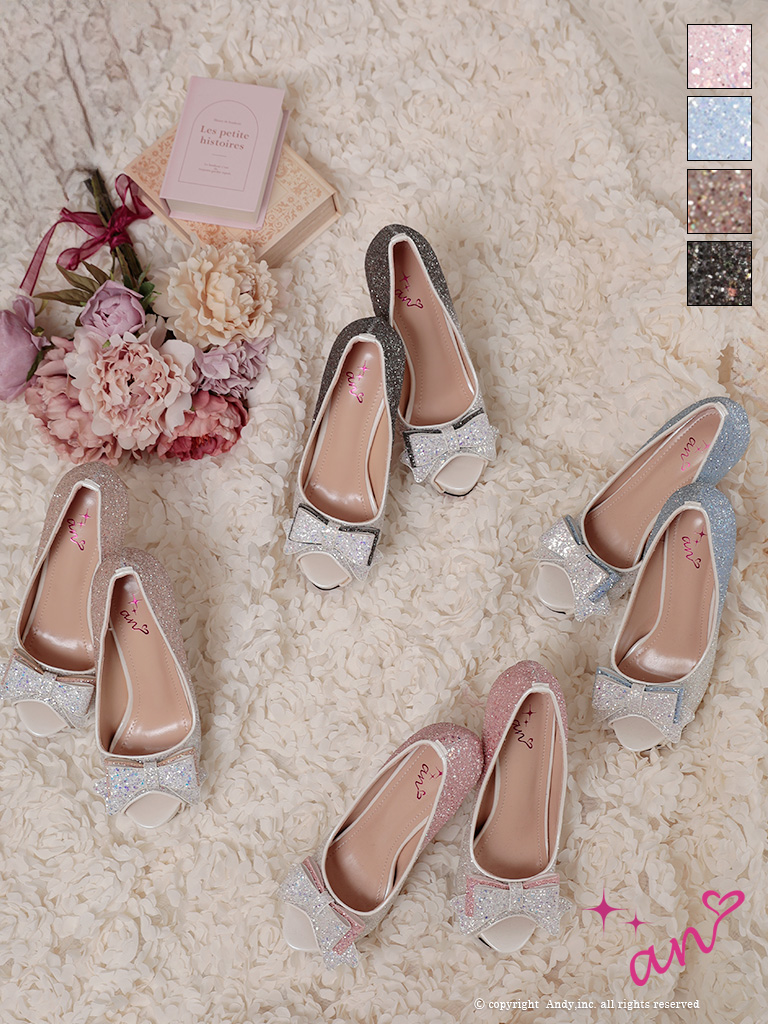 グリッター ラメ リボン グラデーション ピンヒール オープントゥ パンプスのメイン画像1