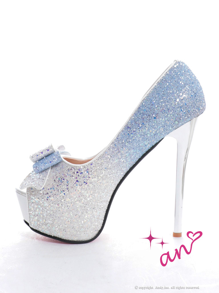 グリッター ラメ リボン グラデーション ピンヒール オープントゥ パンプスのイメージ画像4