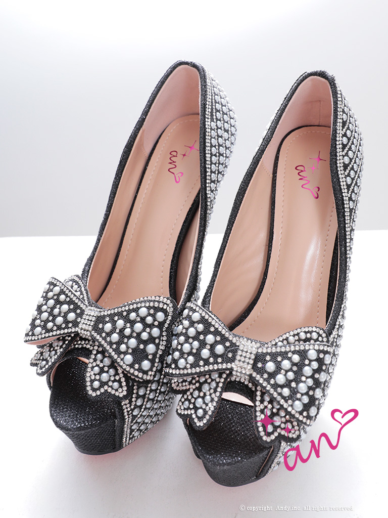 パール リボン ラインストーン ピンヒール オープントゥ パンプスのメイン画像1