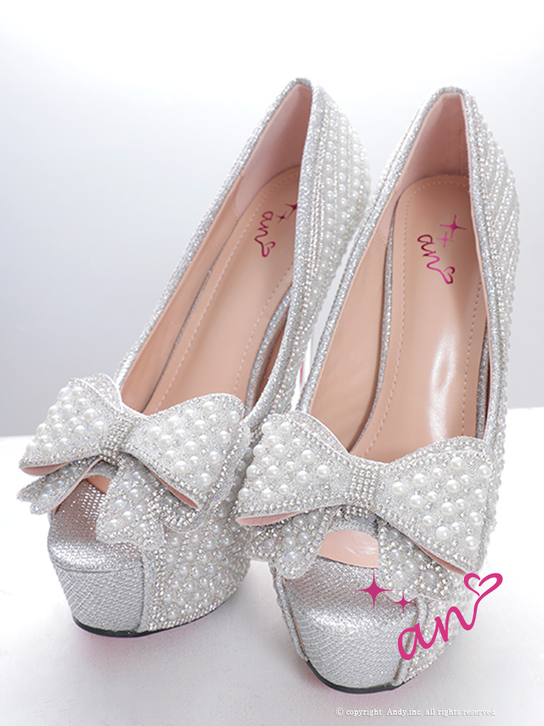 パール リボン ラインストーン ピンヒール オープントゥ パンプスのメイン画像2