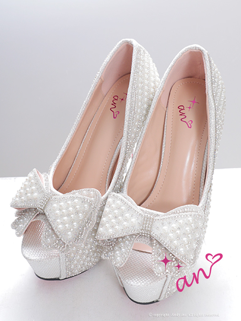 パール リボン ラインストーン ピンヒール オープントゥ パンプスのメイン画像2