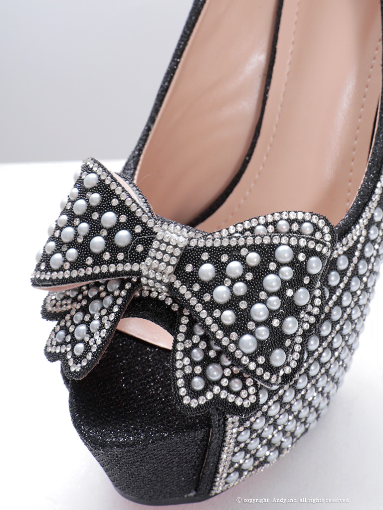 パール リボン ラインストーン ピンヒール オープントゥ パンプスのイメージ画像3