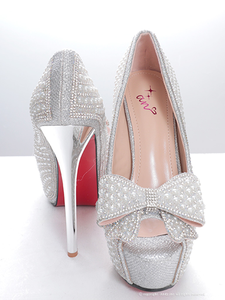 パール リボン ラインストーン ピンヒール オープントゥ パンプスのイメージ画像4