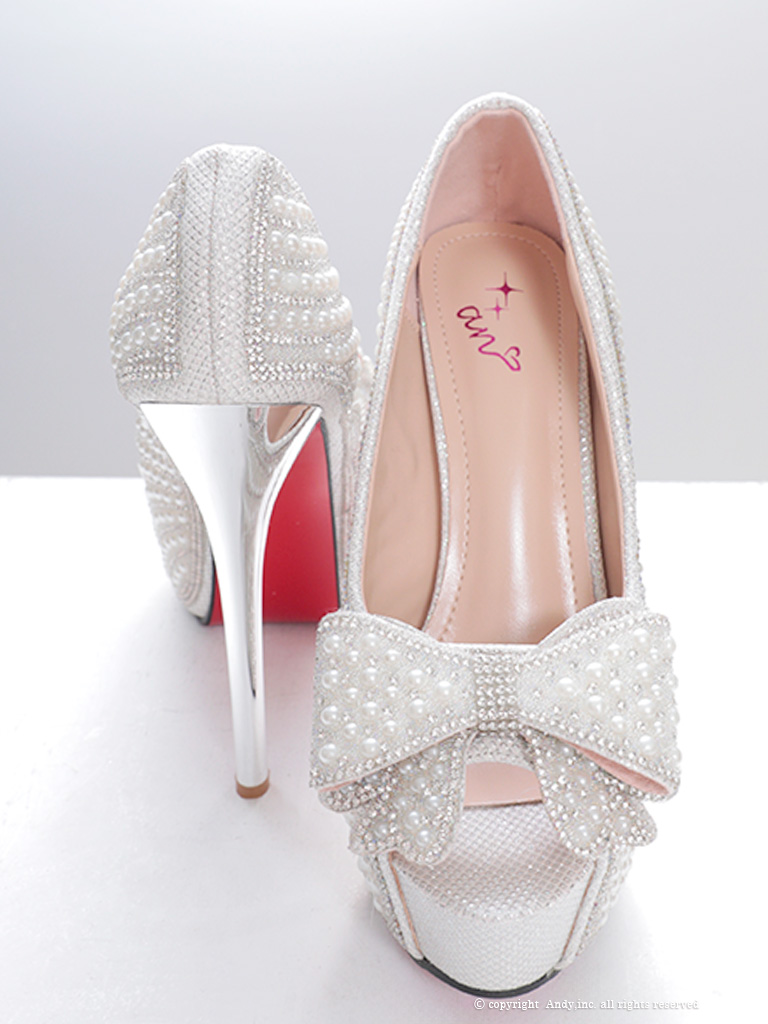 パール リボン ラインストーン ピンヒール オープントゥ パンプスのイメージ画像4